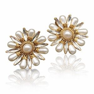 Luxe Pearl & Crystal Daisy Earrings Bridal or Evening Style Wedding Jewelry